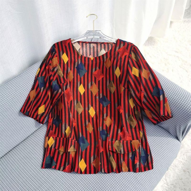 Silk Tops Women's Short Sleeve Summer 2024 New Arrival Middle-Sleeve Floral-Print Silk Tops T-shirt Clothes Half-Sleeve Shirt