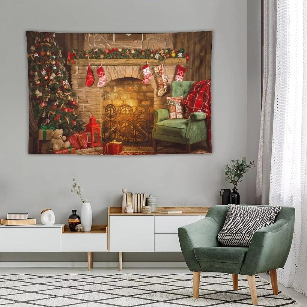 Christmas Fireplace Tapestry Wall Hanging Christmas Tapestry Backdrop with Xmas Balls Art Wall Decor Christmas New Year Party