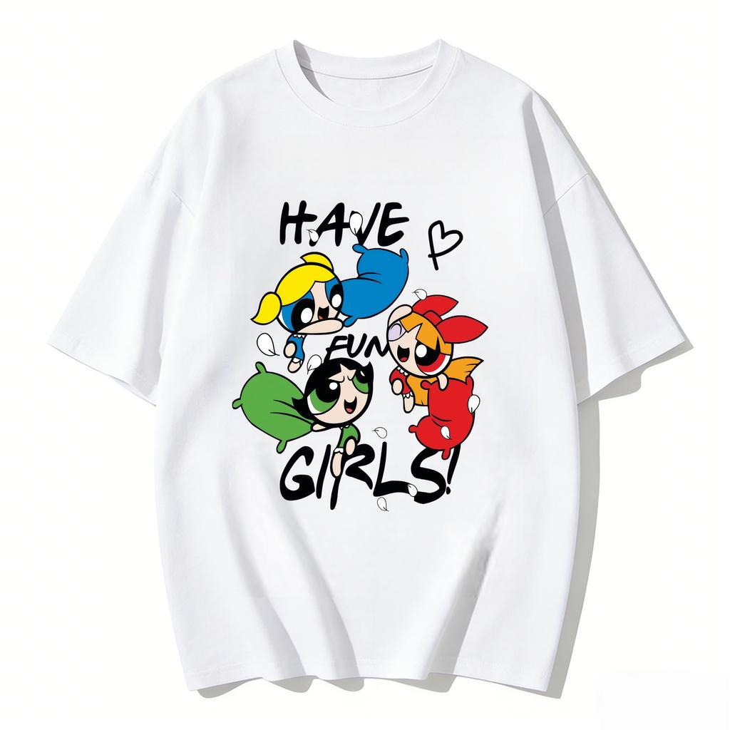 2026 Sommer Niedliche Powerpuff Girls Familien-Matching T-Shirts Cartoon-Druck Baumwoll-T-Shirts Lässige Kurzarm-Oberteile für Kinder und Erwachsene