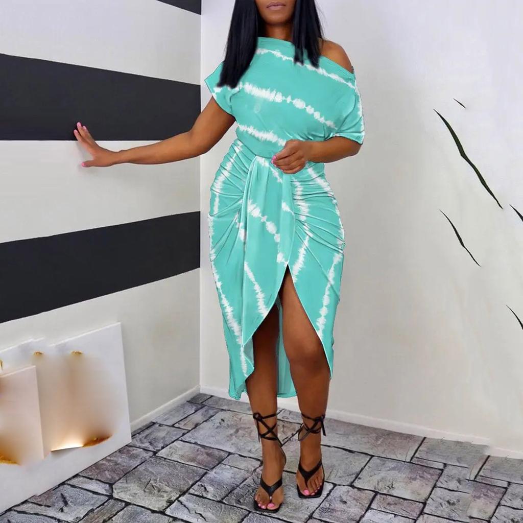 Ladies Sexy Slant Collar Off Shoulder Waist Striped Irregular Slit Dress