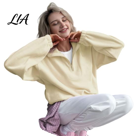 Lady Sweatshirt Women Solid Color Collared Sweatshirt, Loose Half Zipper Collar Pullover Top, Casual Sports Long Sleeve Outfits for Autumn Winter