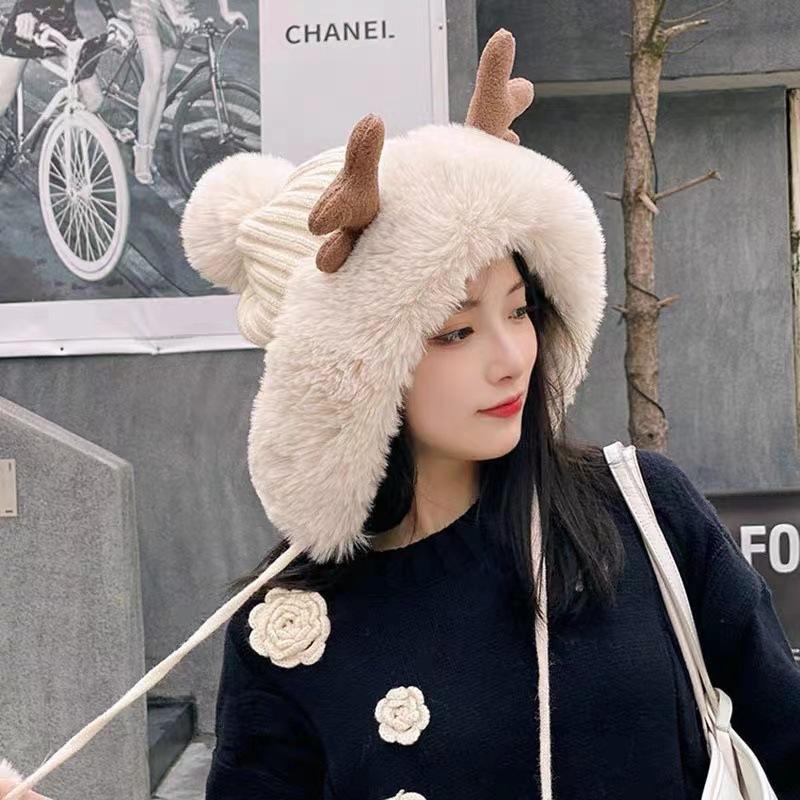 Winter hat women's Korean version cute antlers, ear protectors, plush hat, Christmas hat, plush and thickened Lei Feng hat, thermal hat