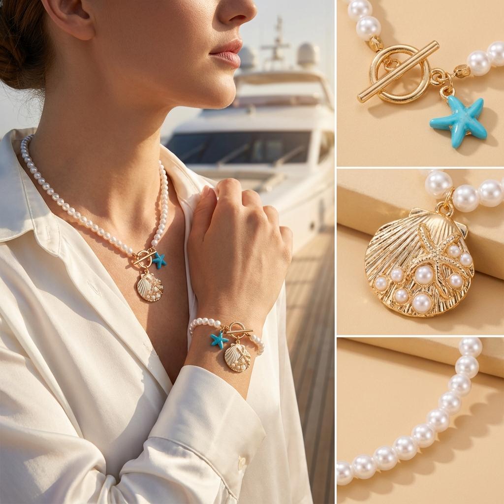 2pce/set Elegant Imitation Pearl Chain Necklace for Women Boho Blue Starfish Shell Pendant Necklace Bracelet Summer Party Gift