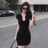 French pure desire style sexy low-neck buckle short-sleeved dress women's summer new slim and thin solid color hip-wrapped short skirt