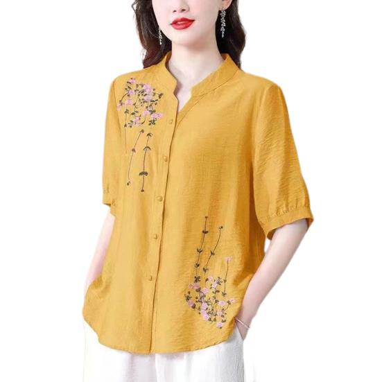 

Женская рубашка с воротником-стойкой и коротким рукавом с вышивкой и цветочным узором, однобортная рубашка свободного кроя XL жёлтый