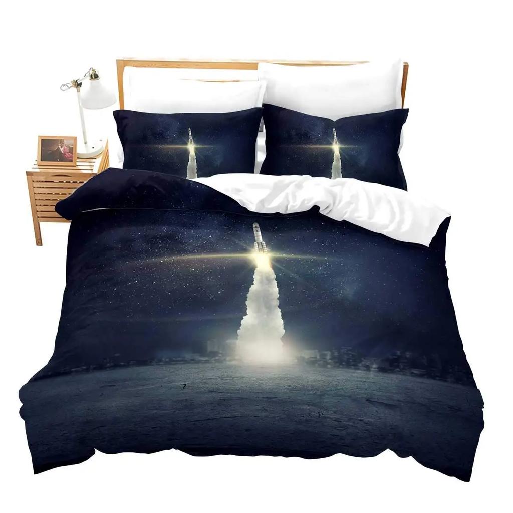 Art Duvet Cover Dimgray Science Fiction Space Themed Minimalist Illustration with Stars Planets and Rocket for Room Decorative