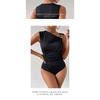 Women Black Sleeveless Oblique Shoulder Metal Buckle Slim Waist Fitted Bodysuit