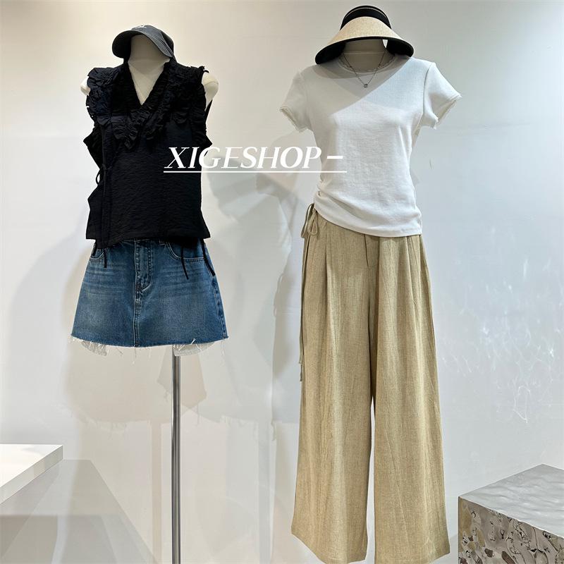 Navy Blue Lace Trim Slim Fit Korean Style Ribbed Stretch Tee, Straight Shoulder Summer T-Shirt