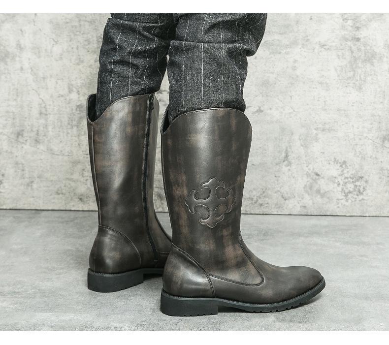 Bottes Western Cowboy en Cuir Mi-Mollet Style Européen & Américain pour Homme avec Fermeture Éclair