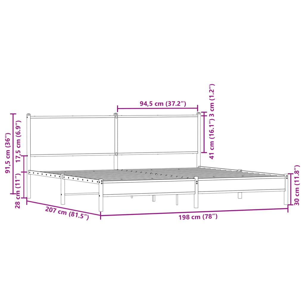Metal Bed Frame without Mattress Sonoma Oak Finish 193 x 203 cm