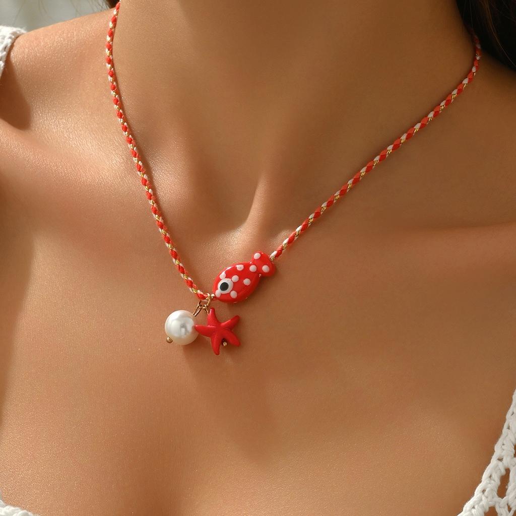 European and American color rope hand-woven ocean wind shell starfish ceramic small fish pendant bohemian wind necklace
