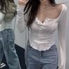 2KWEIRD Women Sexy Square Neck T-shirt Autumn Chic Button Long Sleeve Slim Fit Crop Top Y2K Femme Slim Skinny Tshirt Women Basic Tops