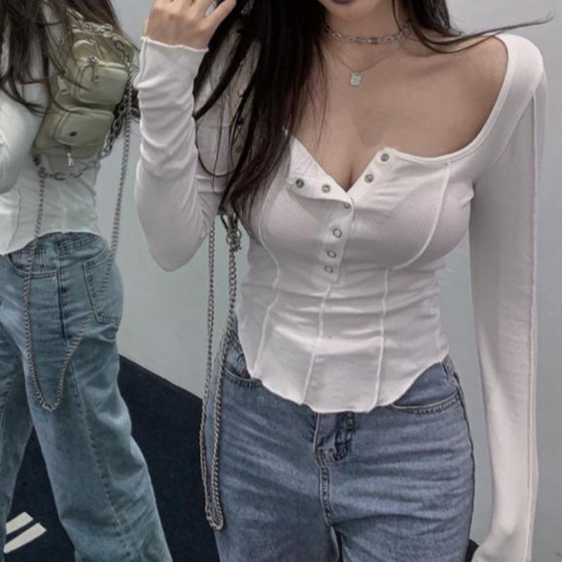 2KWEIRD Women Sexy Square Neck T-shirt Autumn Chic Button Long Sleeve Slim Fit Crop Top Y2K Femme Slim Skinny Tshirt Women Basic Tops