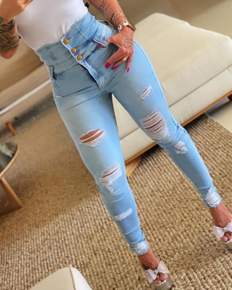 High-Waisted Ripped Skinny Jeans for Women - Trendy European & American Style 2025 M