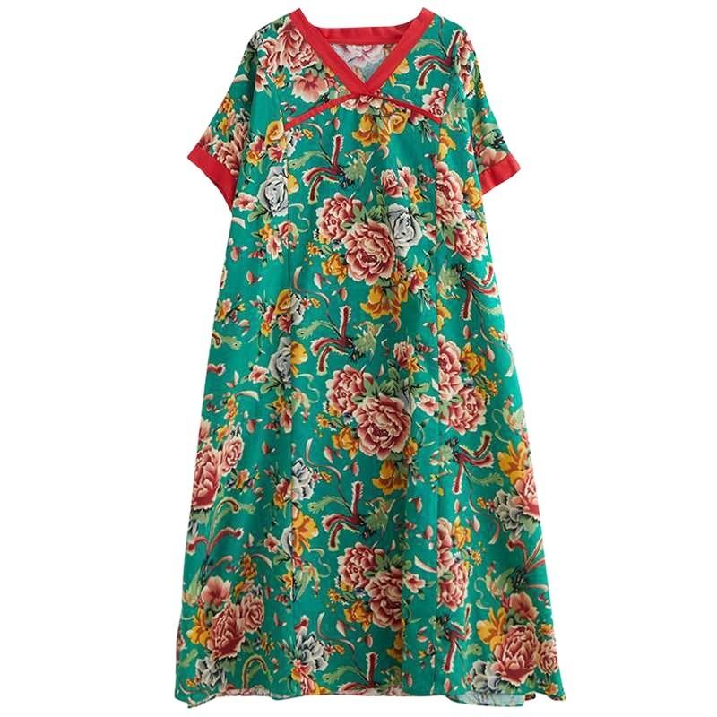 Summer New Printed V-neck Loose Large Size Chinese Style Long Dress Temperament Female