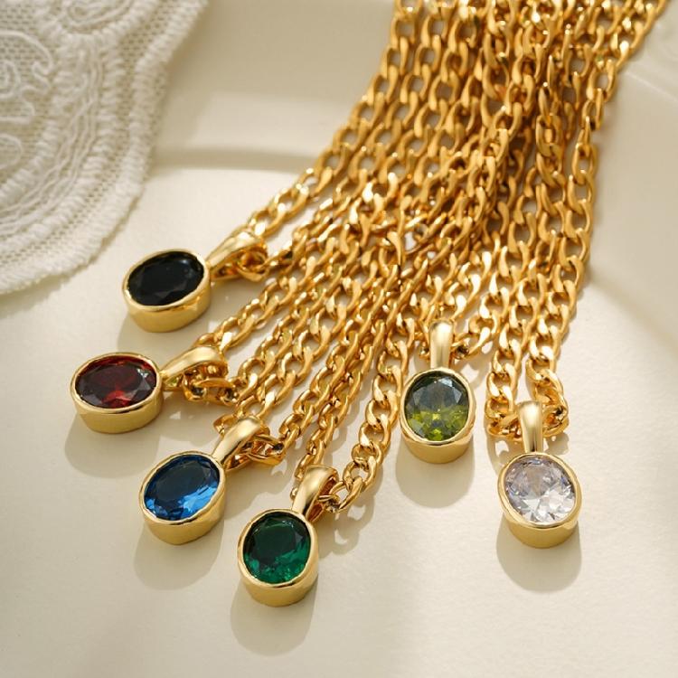 Comfortable Lightweight Oval Zirconia Pendant Necklace for Daily Use on Stainless Steel Gold Plated Chain