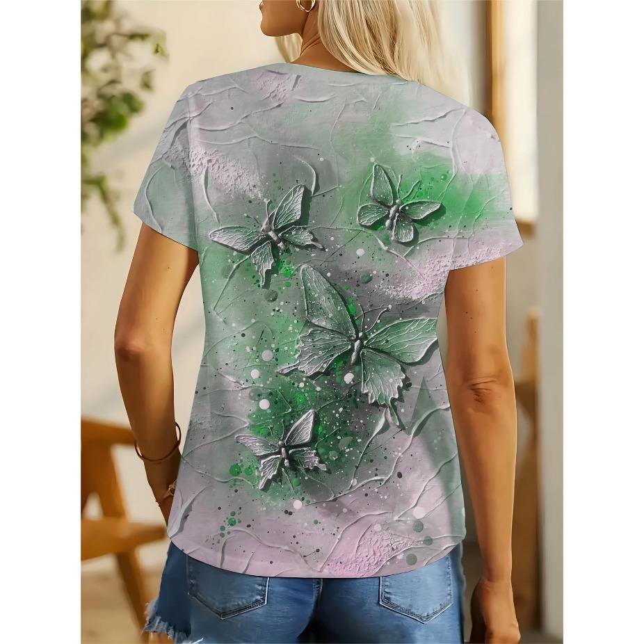 3D Butterfly Design T-Shirt, Casual Short-Sleeve Top Suitable for Spring and Summer, Womens Tees