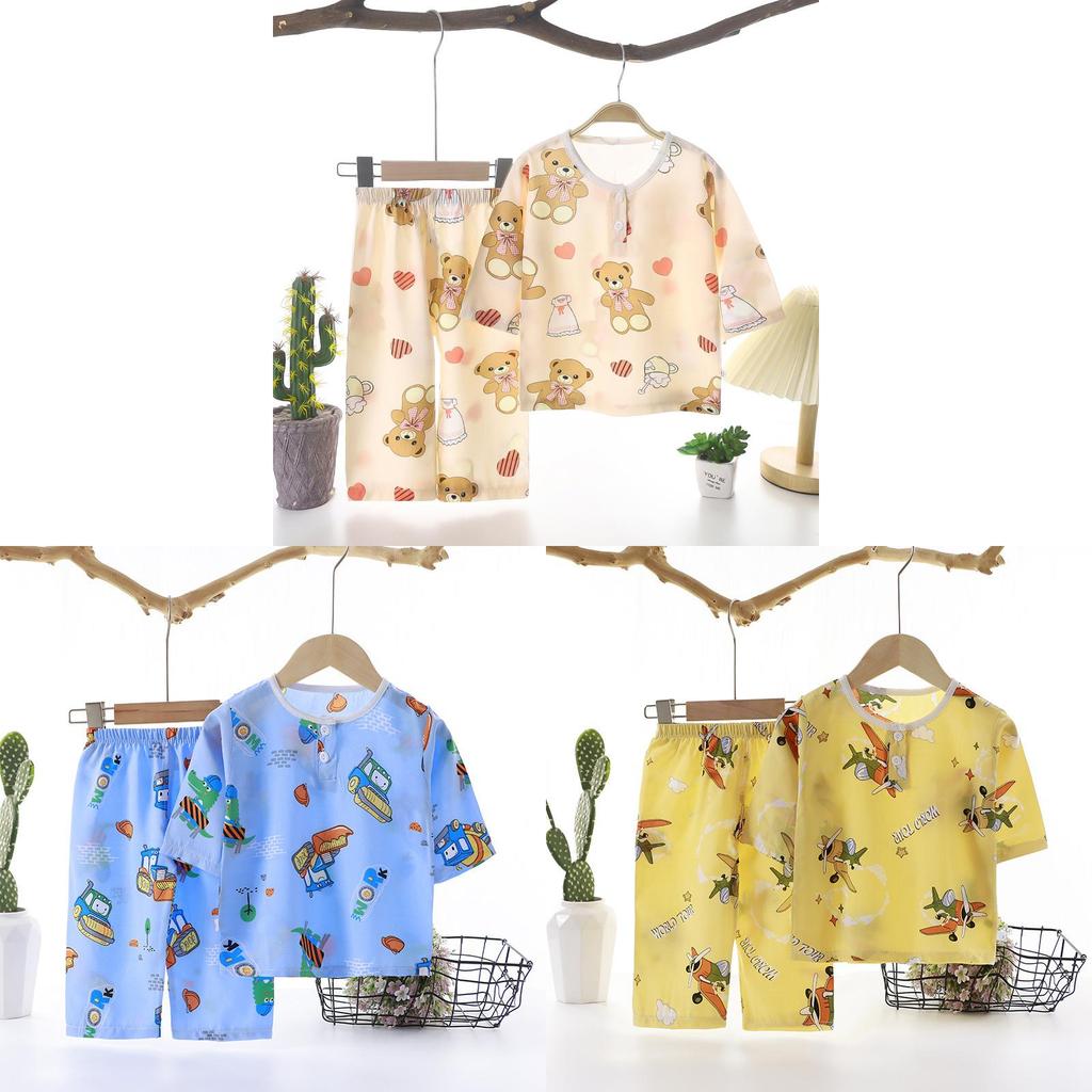 Cartoon Dinosaur Kids Sleepwear Set With Breathable Cotton Silk For Summer Comfort