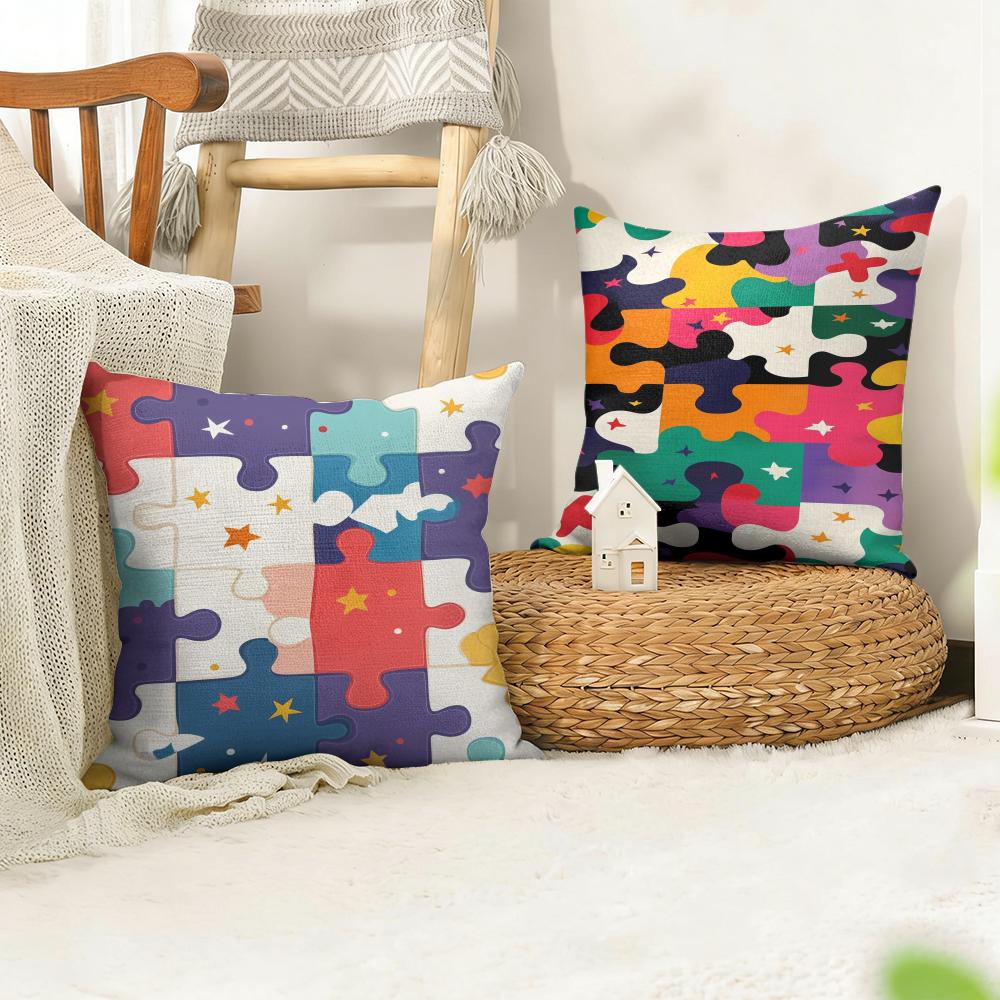 Fun Puzzle Patterns Cushion Cover Natural Linen Organic Fabric DoubleSided Printing Sofa Home Decor Gift Pillow Cover