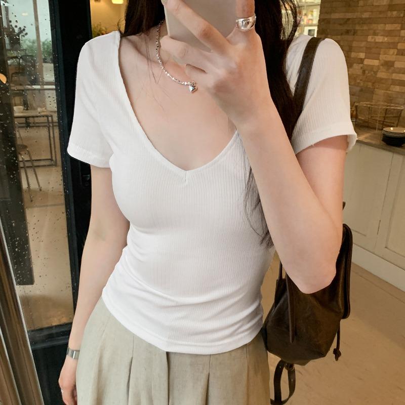 Fashion Short Sleeve V-neck Backless Sexy Women's T-shirt Summer Slim Fit Casual White Tee Tops Office Lady Solid Elegant Woman Knitted T Shirts 24982