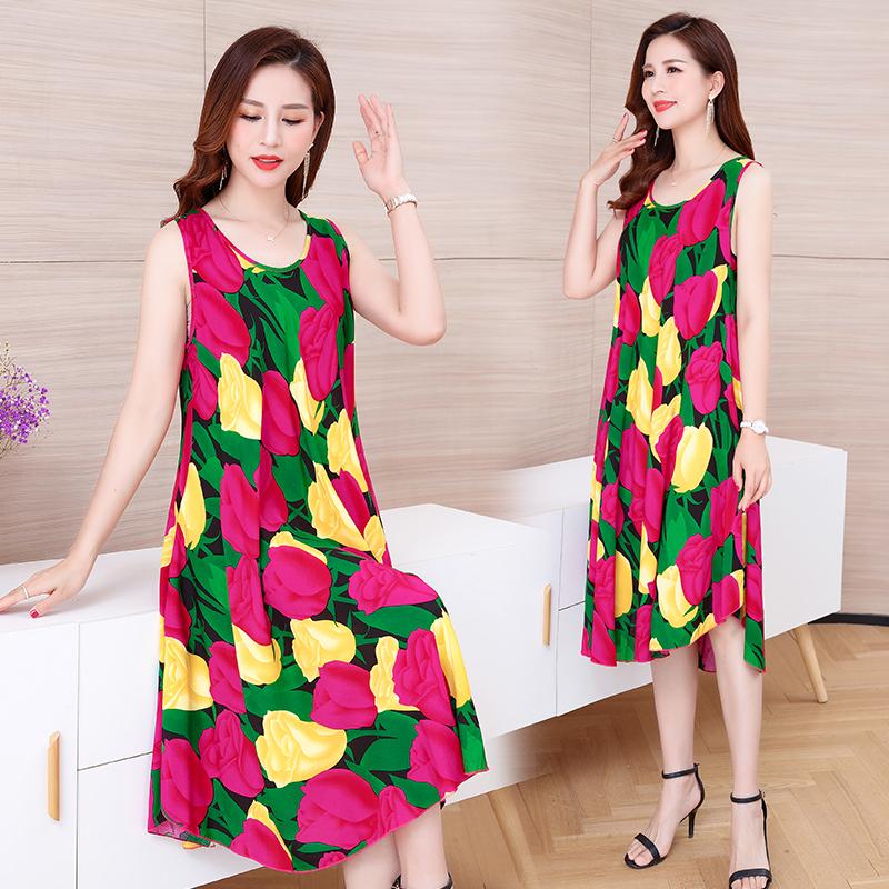 Letní šaty bez rukávů Dámské Nadměrné Volné Dlouhé šaty s potiskem