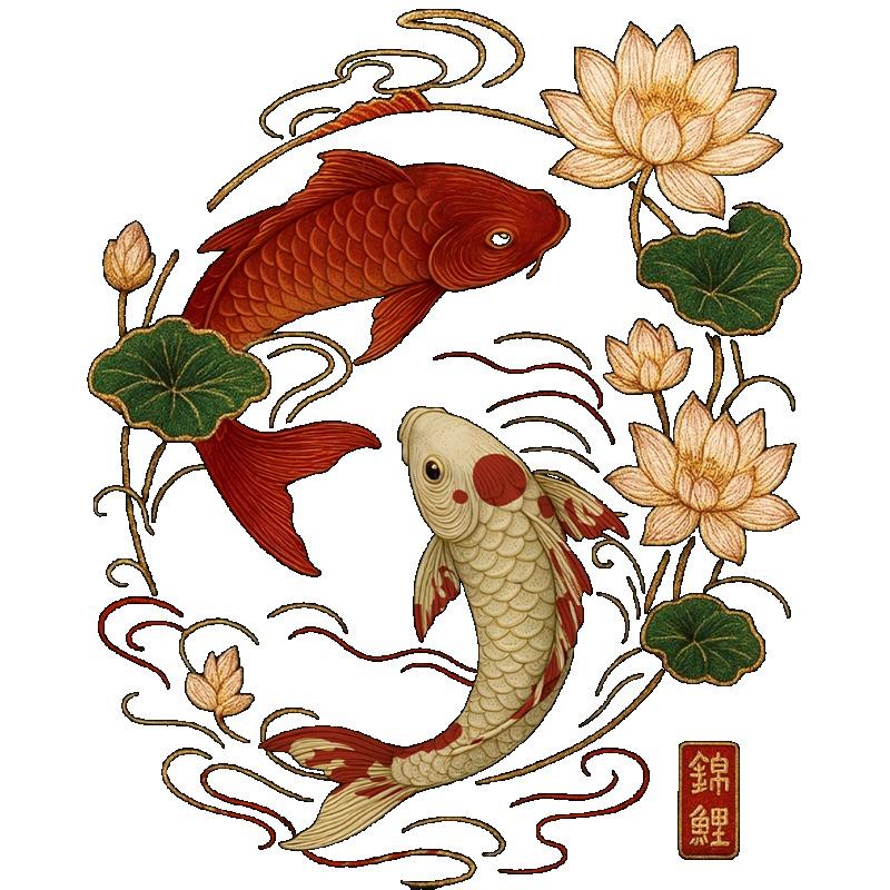 Koi Fish Lotus Flower Printed Black T Shirt for Men Casual Streetwear Summer Outfit with Chinese Calligraphy Design