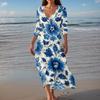 Women's Vintage Print Tunic Waisted Midi Dress Summer Casual 3/4 Sleeve Dress Dress