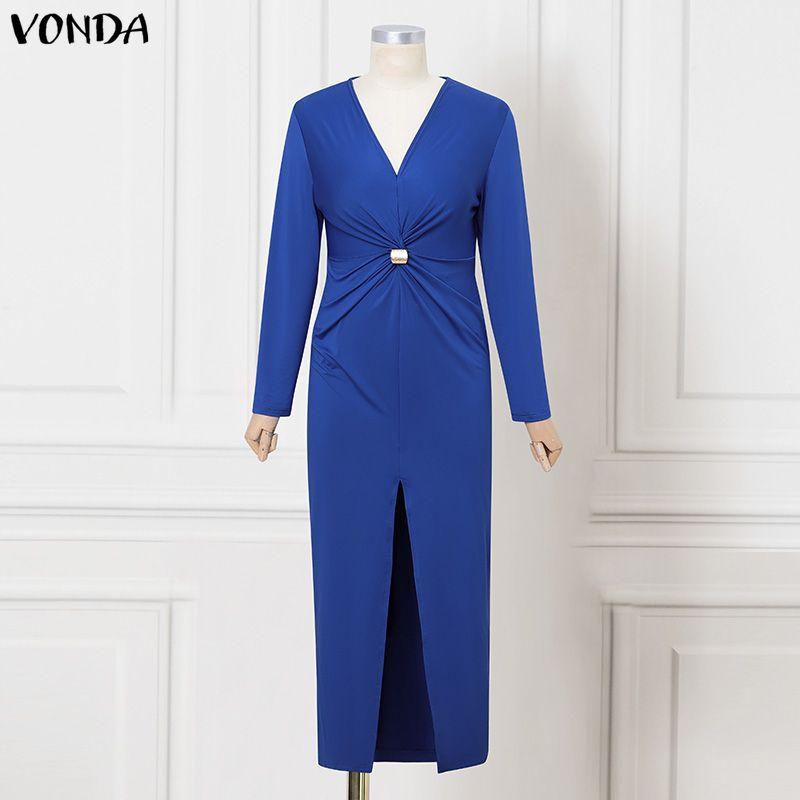 VONDA Women V Neck Long Sleeve Twisted Waist Solid Color High Splits Party Long Dress