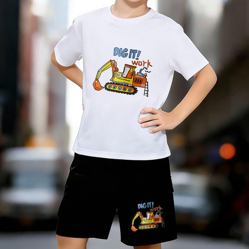 

Boys 2 Piece Cartoon Excavator Print Outfit, Short Sleeve T-Shirt and Shorts Set for Kids Age 5-14,Black and White Sporty Casual Summer Clothes 13-14 Years