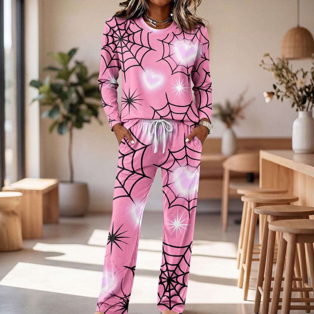 Women's Casual Pajama Set with Round Neck Long Sleeve and Drawstring Wide Leg Pants