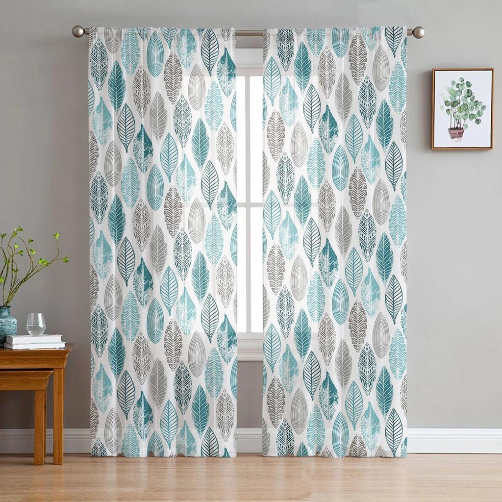Marineblau-graue Blattstruktur-Tüllvorhänge für Wohnzimmer, Chiffon-Voile, transparenter Fenstervorhang für Schlafzimmer
