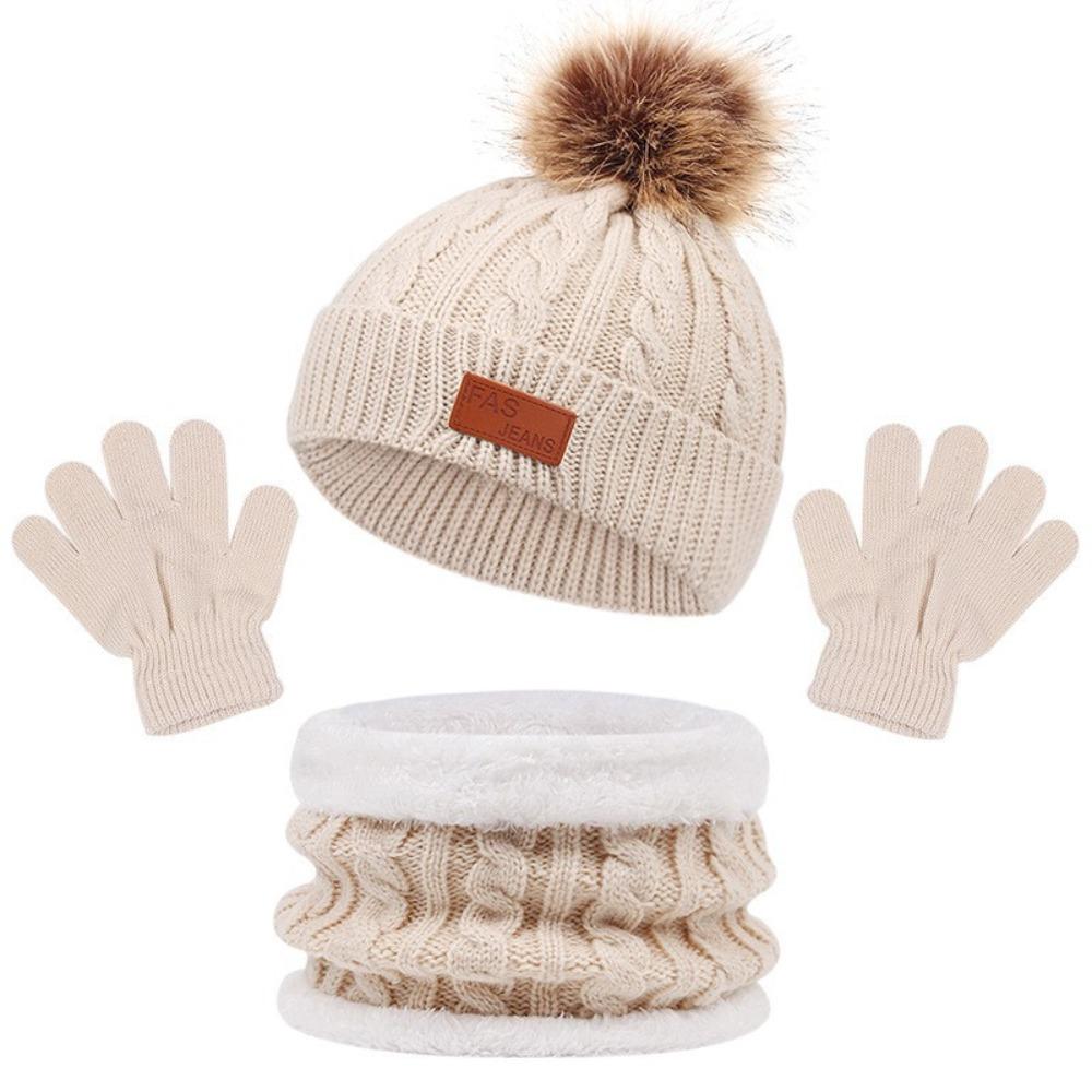 

3pcs/set Comfortable Baby Hat Scarf Gloves Set Cute Pompom Knitted Hats Autumn Winter бежевый