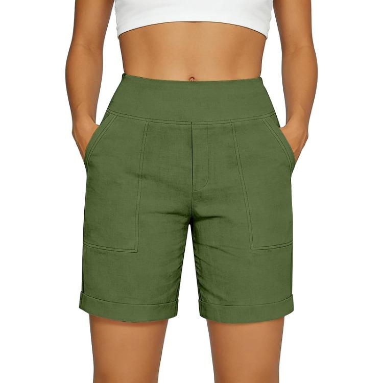 Women s High Waist Casual Shorts Stretch Fabric Relaxed Fit Wide Waistband Large Front Pockets Comfort Design S зелёный