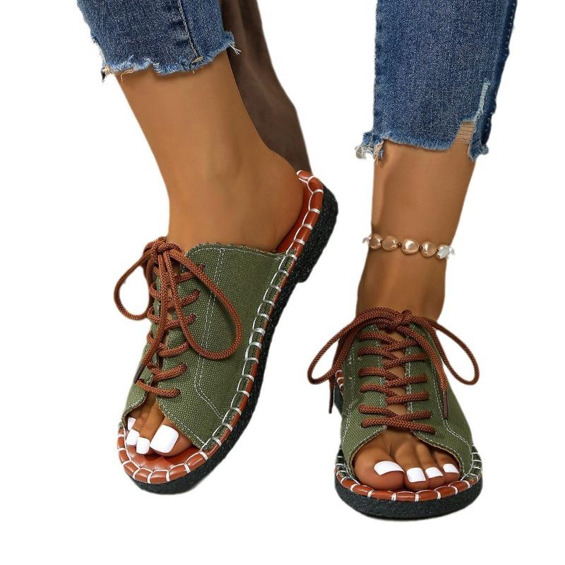 Summer Flat One-line Lace-up Shoes Large-sized Casual Slippers Roman Women's Sandals