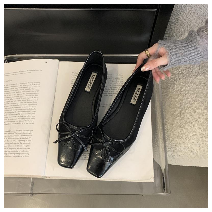 

Brand Designer Shoes Woman Square Toe Flats Ballet Shallow Mary Jane Japanned Vintage Bow Knot Ballerina Soft Casual Loafer Muje 35