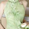 2026 Summer Green Sleeveless Cheongsam: Slimming Off-Shoulder, Waist-Cinching Halter Dress