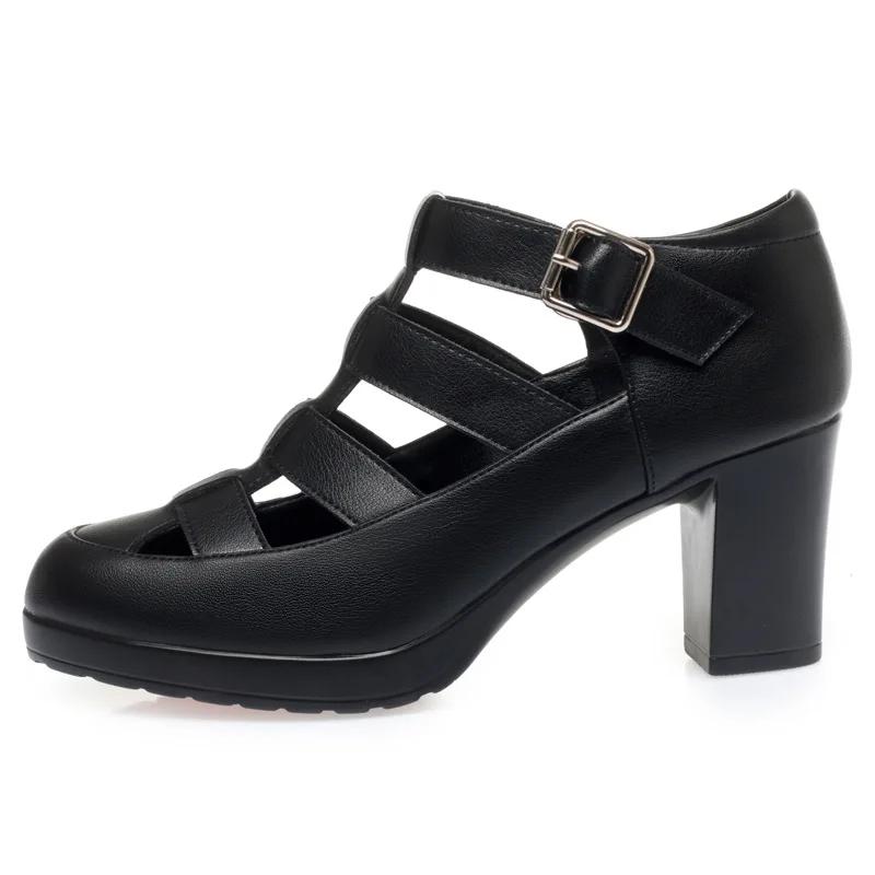 5.5cm 7cm Breathable Cutout Close Head Platform Shoes Soft Leather 2025 Summer Block Med Heels Gladiator Sandals for Office Mom