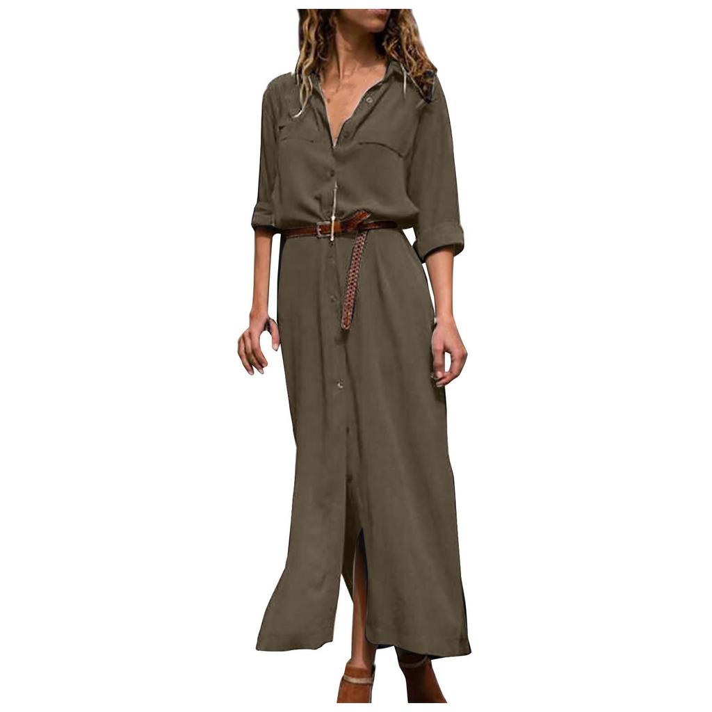 Lässiges, lockeres, langes Hemd für Damen mit langen Ärmeln, einfarbiges Hemdkleid mit langen Ärmeln