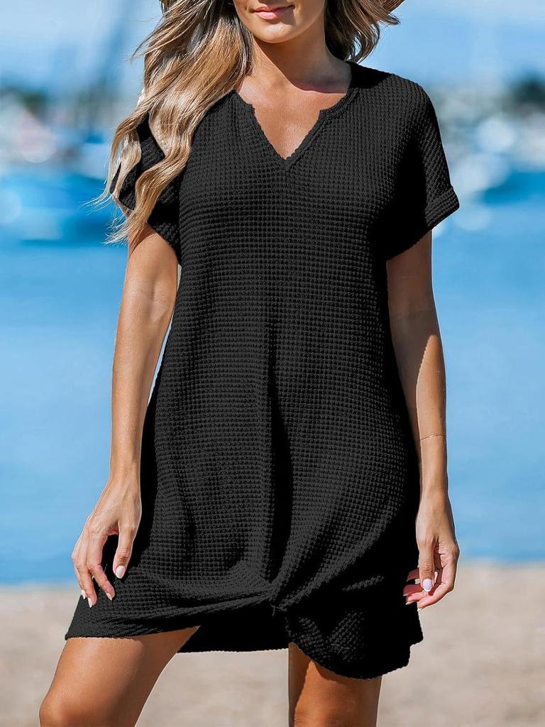 Women's European & American Fashion V-Neck Batwing Sleeve Plaid Knit Dress - Casual, Elegant, Breathable Style