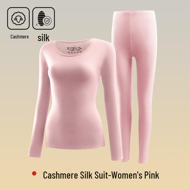 Women's Cashmere Silk Thermal Underwear Set - Seamless, Round Neck, Autumn/Winter Warm Suit for Couples