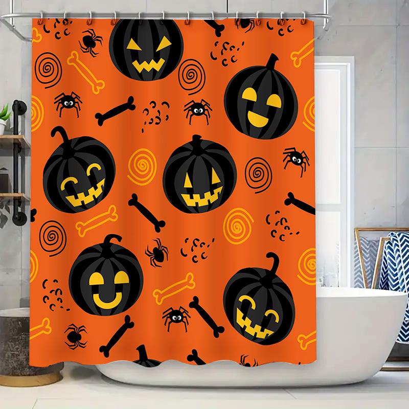 

Halloween Decor Shower Curtain Set Black Spooky Jack O Lantern Orange Fabric Bath Rug Perfect for Fall Festivals! (24 x72 ) 90x180cm