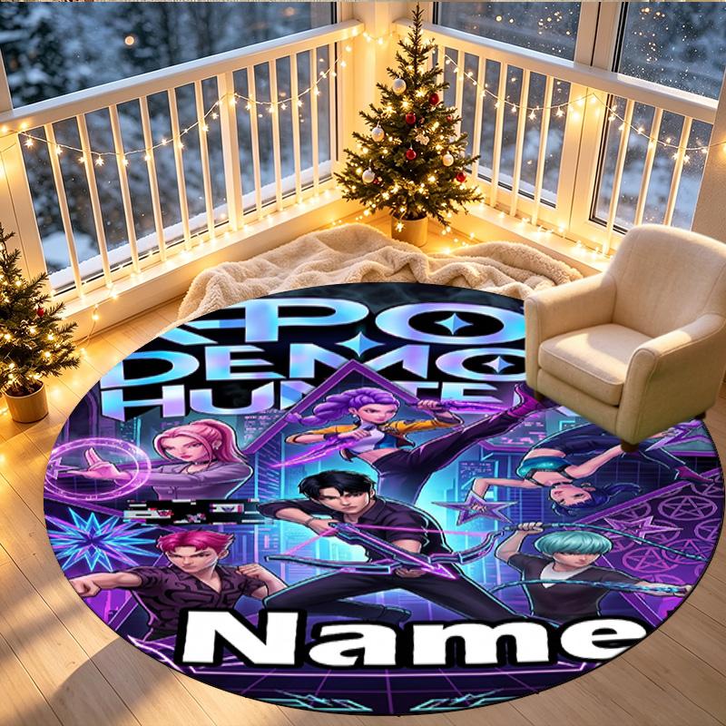 Custom Name Personalized Kpop Demon Hunter Print Round Rug, Versatile Home Decor Carpet, for Playroom, Apartment, Balcony, Entryway, Hallway Gift