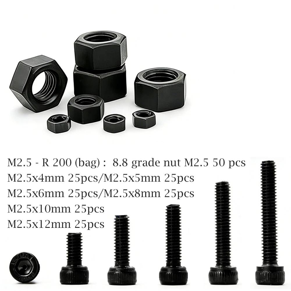 180-300pcs M2-M3 12.9 Hex Head Bolts, Black Carbon Steel Metric Screws, High Strength Machine Screw Assortment for DIY