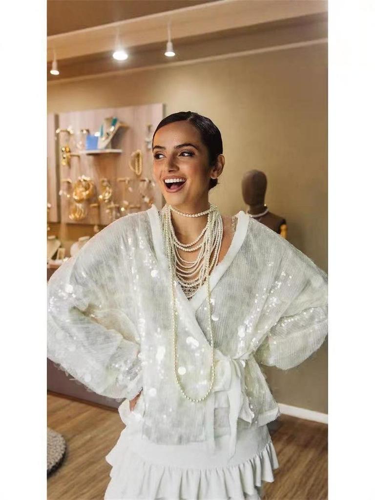 Dámský kardigan se sekviny s výstřihem do V - Módní top s dlouhým rukávem a volným střihem