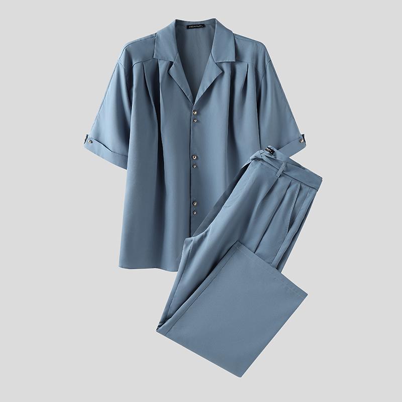 INCERUN Two Pieces Outfits Men Lapel Neck Short Sleeve Striped Shirt Long Suit Pants Sets