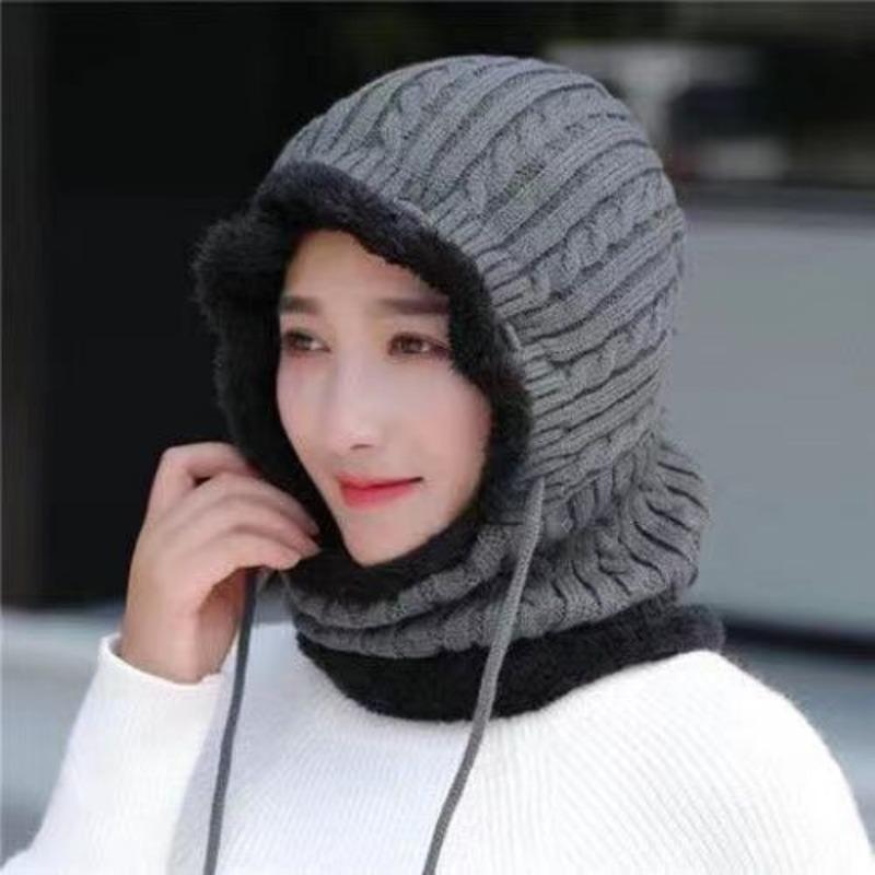 Women's Fleece Lined Thickened Winter Outdoor Cycling Wool Hat Windproof Cold Resistant One Piece Knitted Hat with Neck Protection