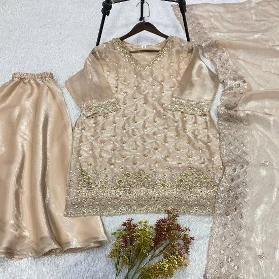 Divine Shimmer Organza Festive Suit Set in Metallic Champagne M
