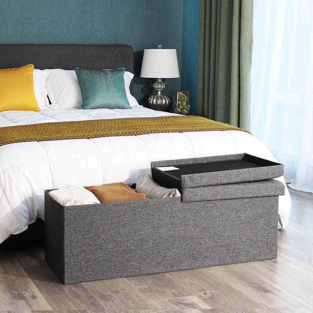 SONGMICS Bench with Storage Space, Storage Chest with Lid, Foldable, Load Capacity 300 kg, 120L, 38 x 110 x 38 cm, Linen Fabric Dark Grey