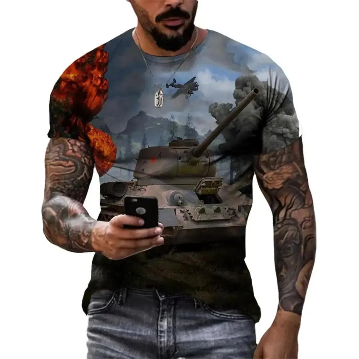 

Летний мужской прочный уличный стиль, 3D-принт, армейский танк, военный узор, О-образный воротник, короткий рукав, тренд, свободный, большого размера, дышащий топ 3XL