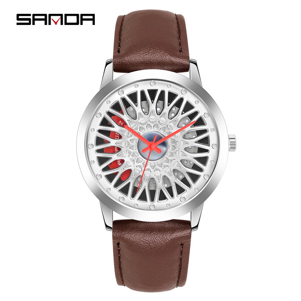 Sanda Men's 1061 Waterproof Leather Strap Watch with Trendy Hollow Dial